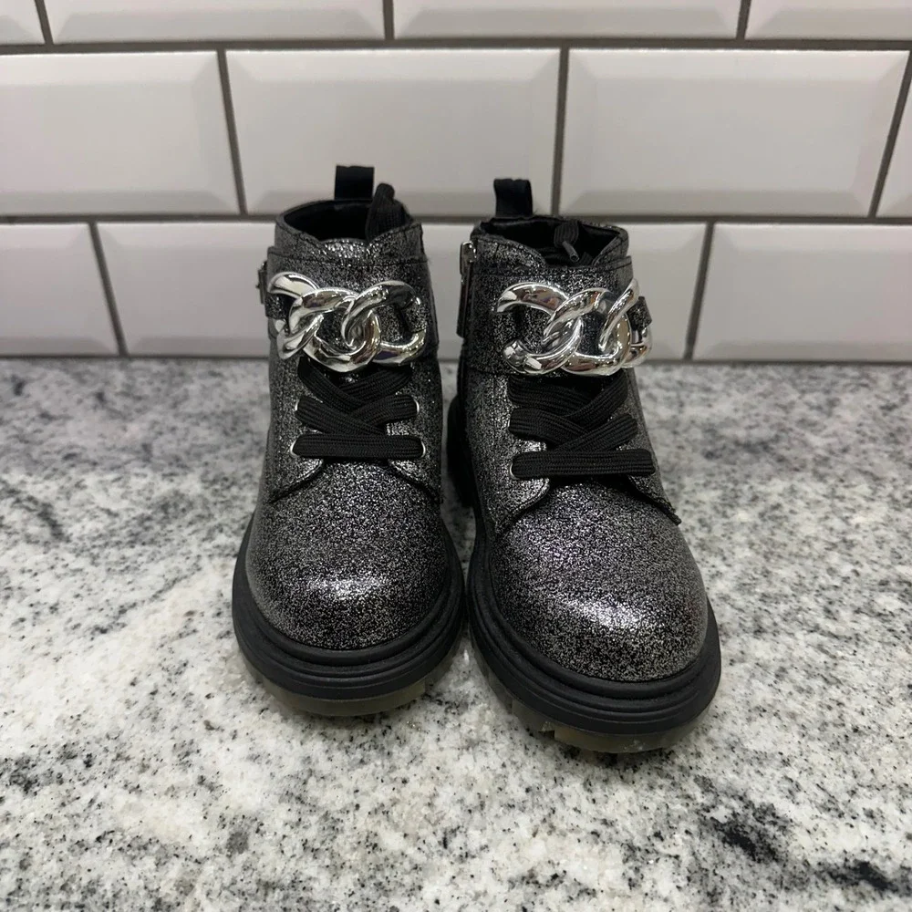 Nina Kids Size 10 Combat Boots Silver Black Glitter Chain Detail Glam Sparkle